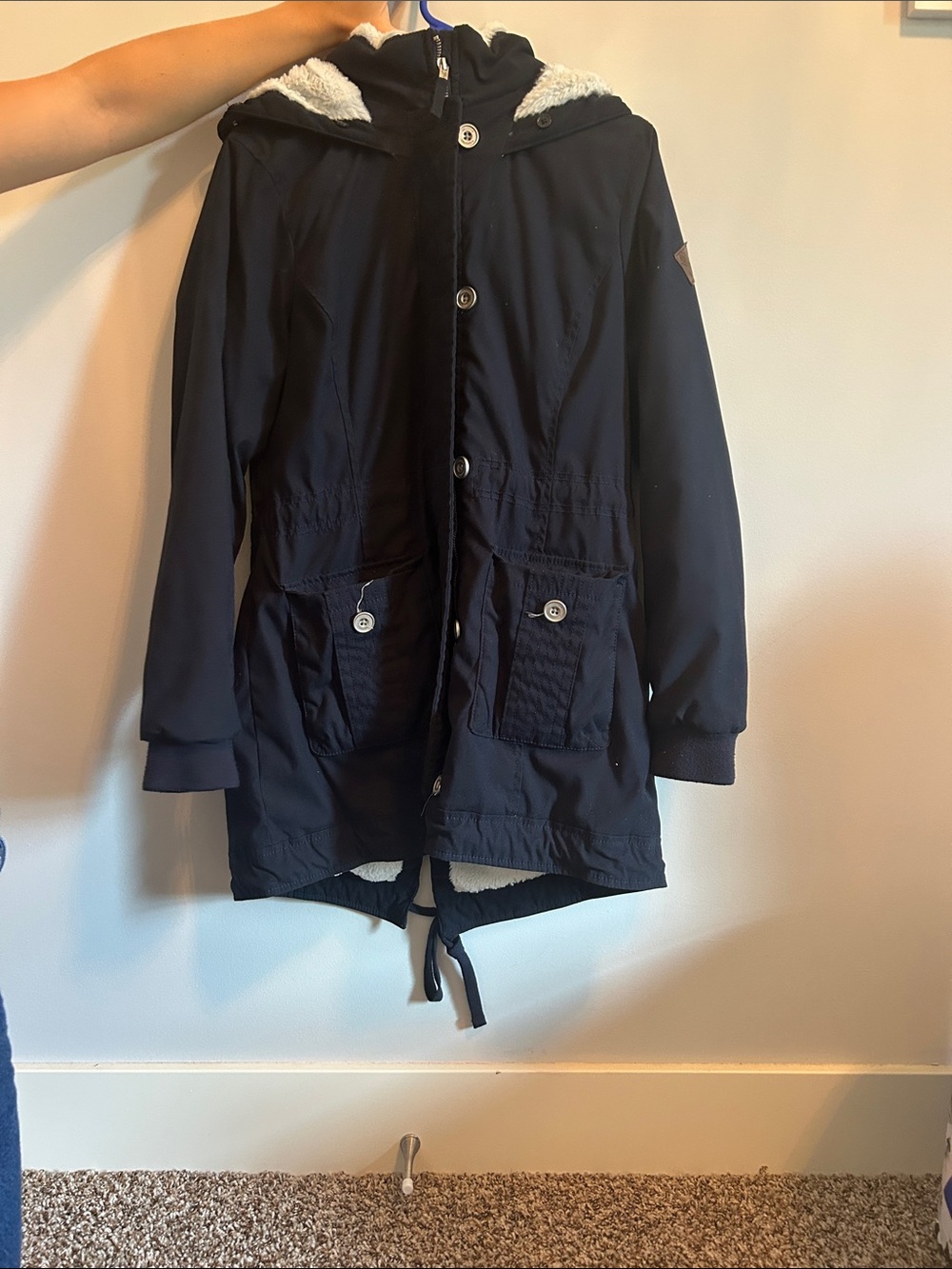 Hollister Navy Hooded Field Coat with Sherpa Trim